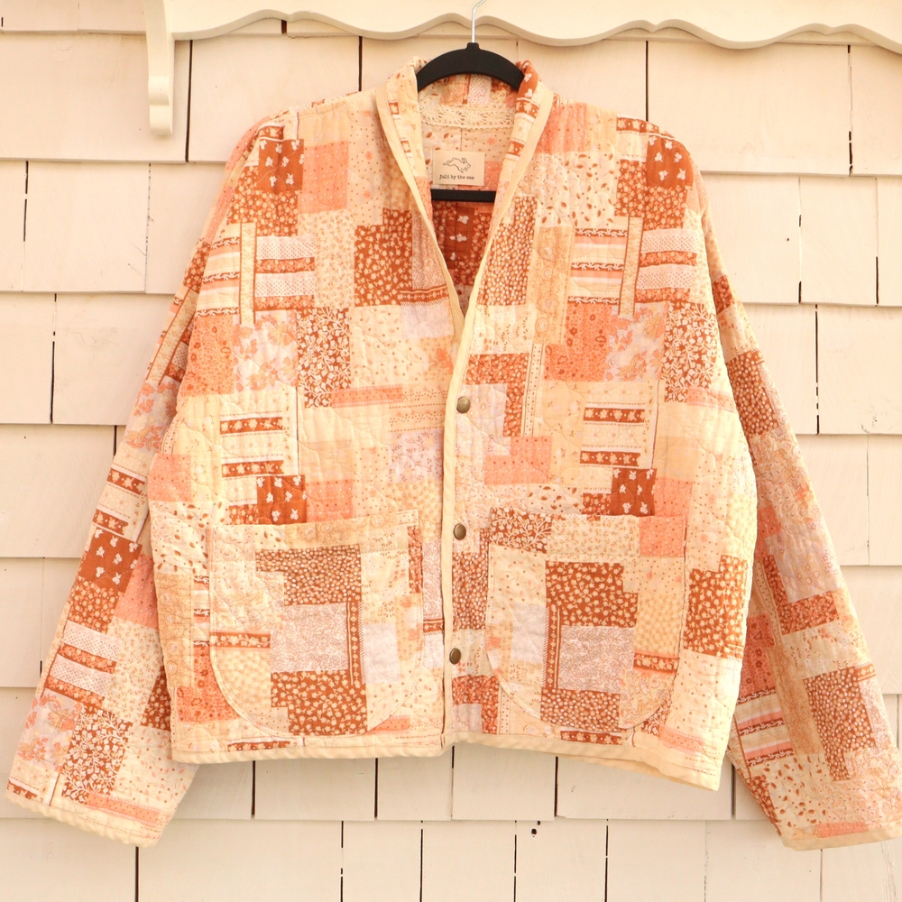 Upcycled Quilted Patchwork Jacket in Orange and Cream Vintage M • L